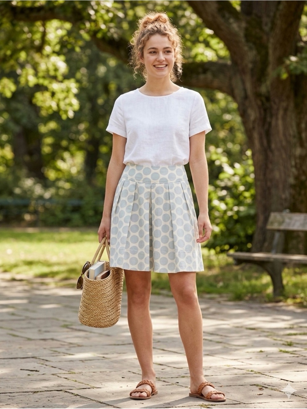Banana Republic Vintage Cream and Light Blue Polka Dot Skater Skirt